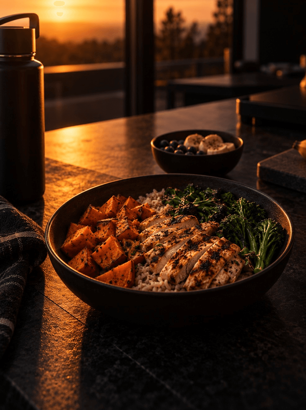 A bowl of grilled chicken, roasted sweet potato, rice and broccolini on a counter at sunset