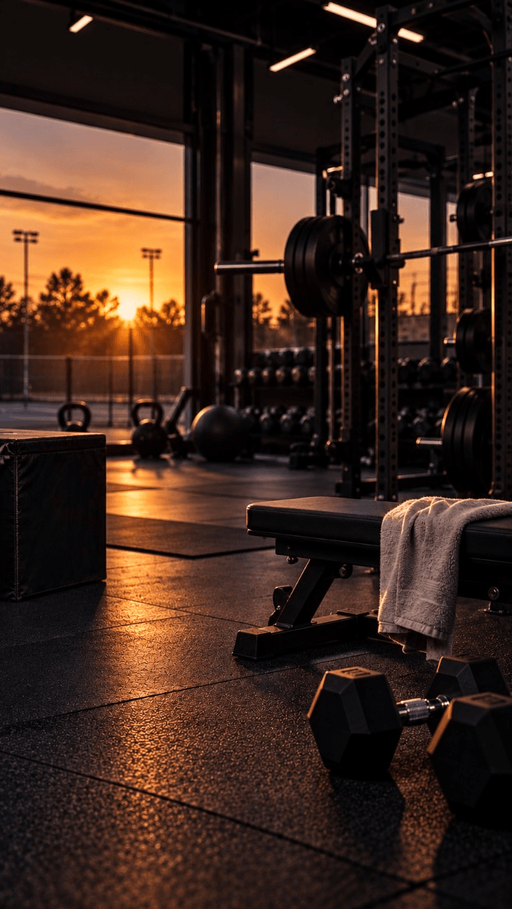 A strength gym at sunset: squat rack, bench and dumbbells, with the sun setting over courts outside